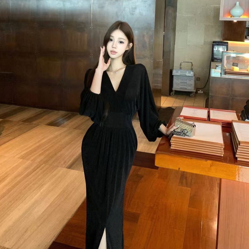 名媛气质时尚御姐蓬蓬袖V领连衣裙收腰开叉过膝裙子简约包臀长裙|undefined