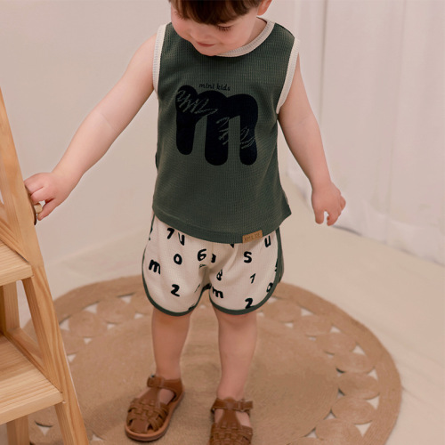 Baby and Toddler Striped Waffle Collar Top Set 2024 Summer New Fashion Unisex Baby Summer Outfit