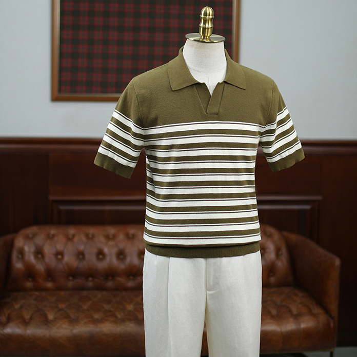 Polo camiseta de punto camiseta de manga corta hombre V-collar gaviota rayas viejas camiseta de hielo de viento de verano fábrica transfronteriza al por mayor