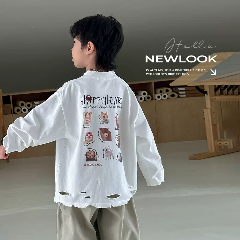 儿童卡通T恤2025秋季新款男童韩版时尚破洞上衣中大童百搭秋装潮