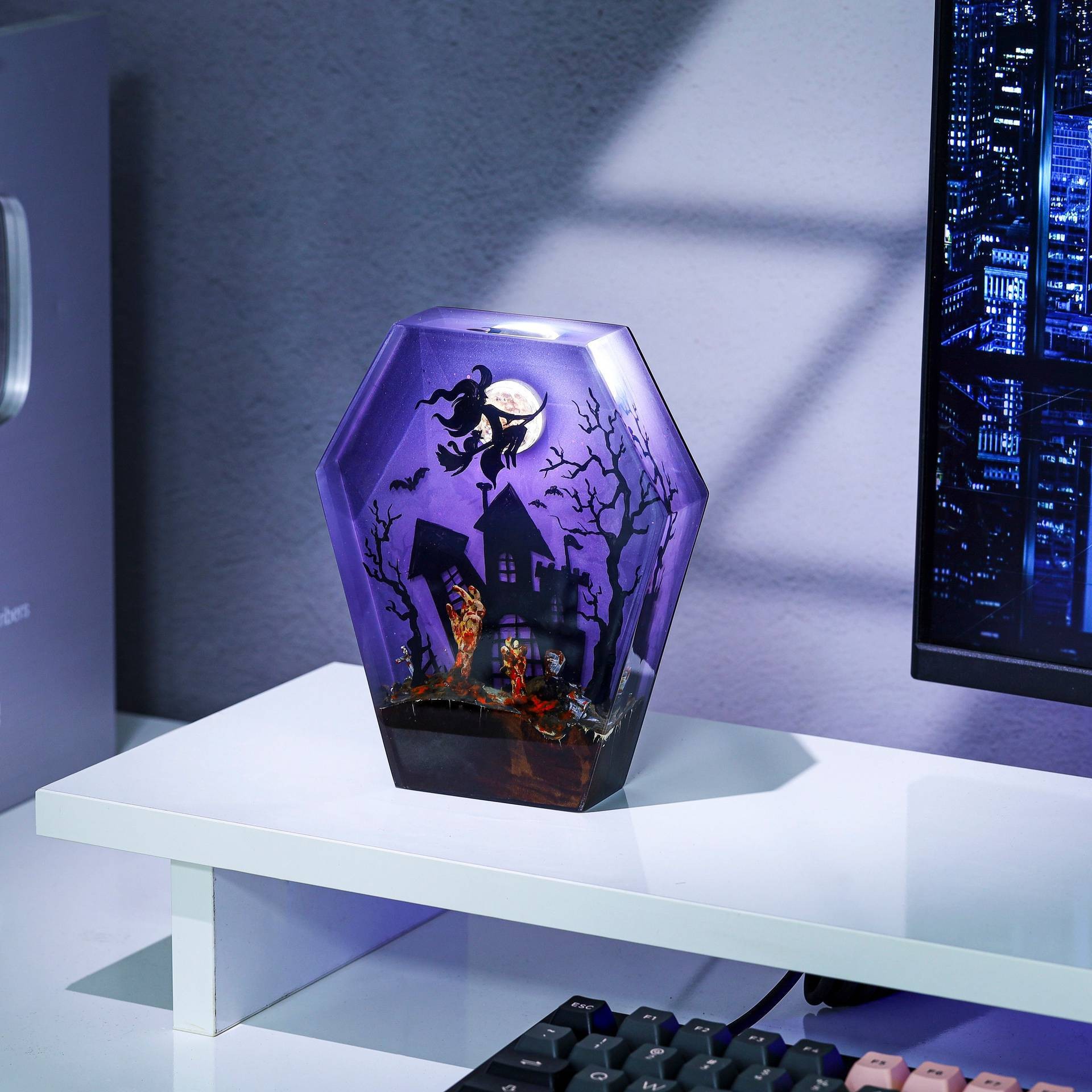 Halloween noche lámpara de resina epoxi lámpara brujas y escobas estereoscópicos polígonos adornos de regalo para los amantes de la película