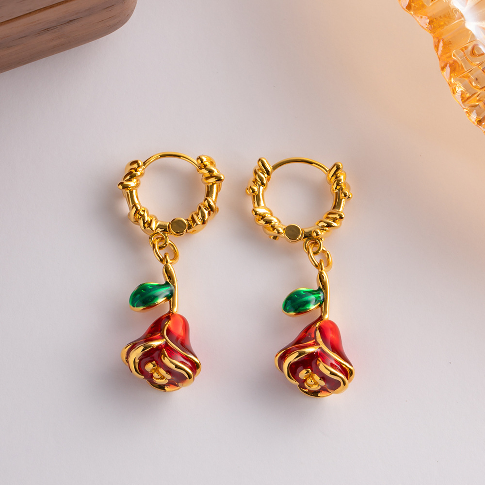 Retro Flower Copper Enamel Dangling Earrings 1 Pair
