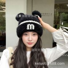 秋冬季新款加绒帽可爱耳朵M打杠针织帽韩版百搭时尚显脸小保暖