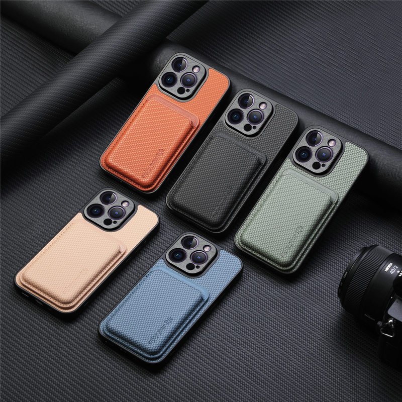 Suitable for iPhone 16 Pro Phone Case with Carbon Fiber Pattern Imitation Leather 15Pro Magnetic Card Holder Apple 17 Protective Case