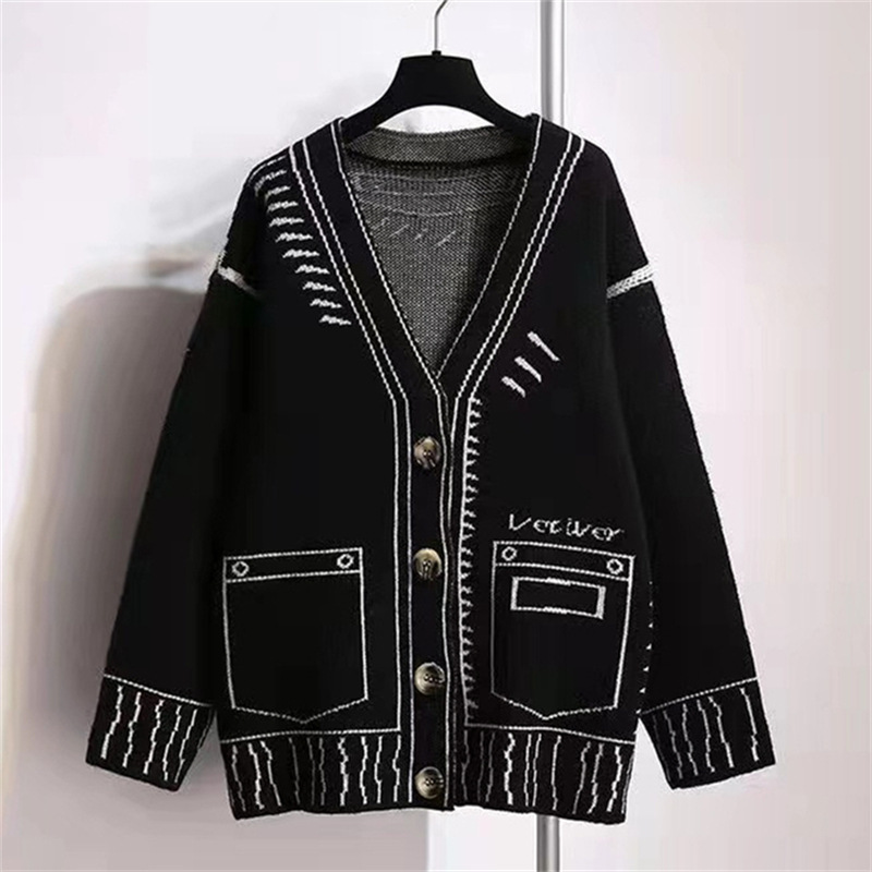 2023 otoño e invierno nuevo perfil blanco y negro pintura graffiti suéter flojo de las mujeres perezoso cardigan abrigo de punto superior