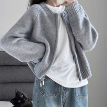 灰色短款毛衣外套女秋冬加厚宽松慵懒外穿拉链开衫针织上衣小个子