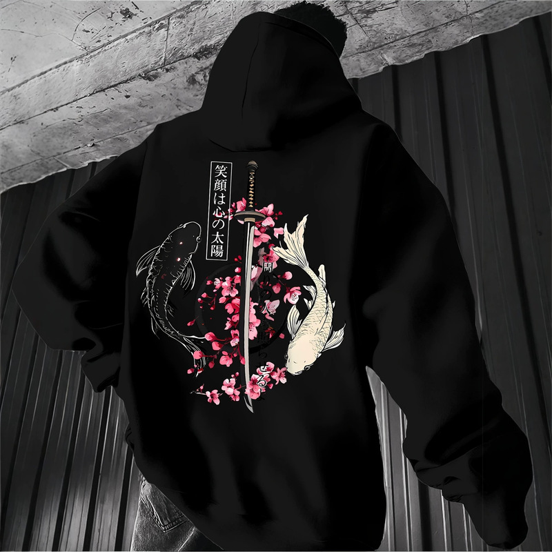 Japanese-style koi fish and cherry blossom samurai print hoodie, unisex loose casual long-sleeve sweatshirt