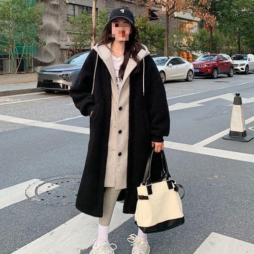 Women's Long Winter Hooded Coat with Lamb Wool, Versatile Loose Fleece Sweatshirt, Korean Style Chic Trendy Outerwear