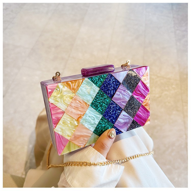 Nuevas bolsas de cena de damas transfronterizas empalmadas rango acrílico bolsas de cena de hombro de una sola mano de boda inclinada