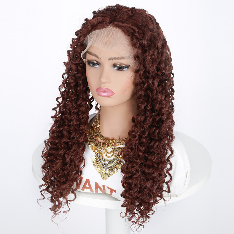 African Small Curly Burgundy Cross-Border New Product Lace Front Wig Chemical Fiber Full Headgear Manufacturer