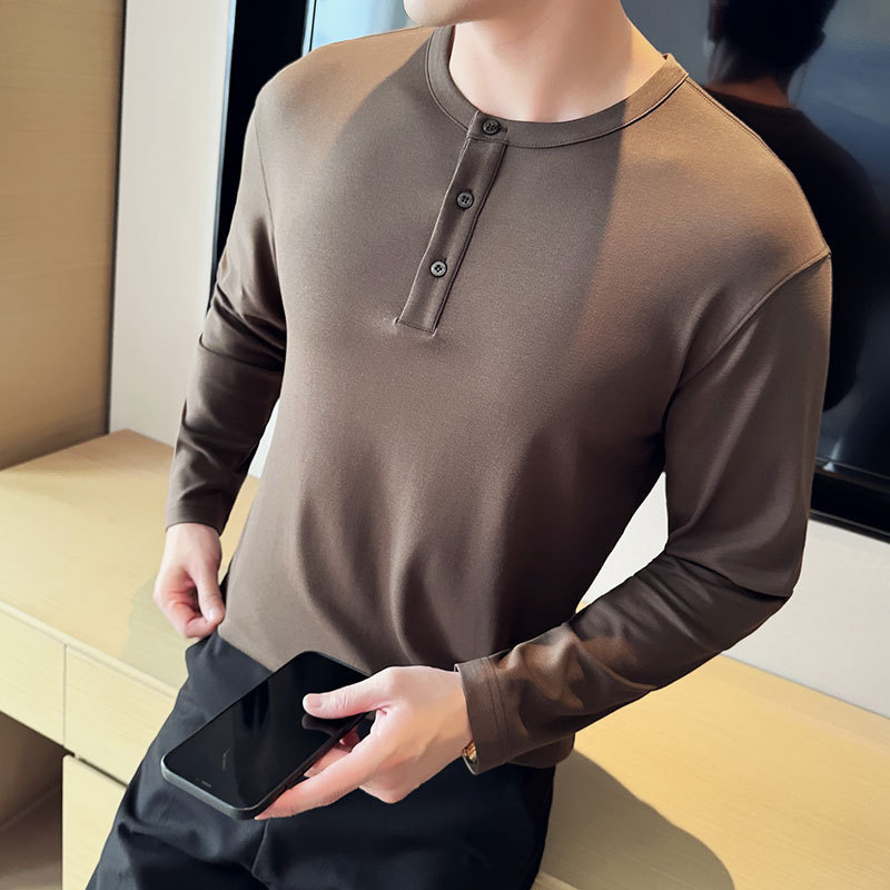 Live with Goods New Autumn Men's Heavy Henry Collar Long-sleeved T-shirt Slim-fit Stretch Solid Color Business Baseball Shirt