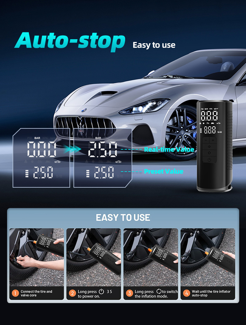 Cross-border wireless smart car air pump with power bank, large-capacity multifunctional inflator with automatic stop