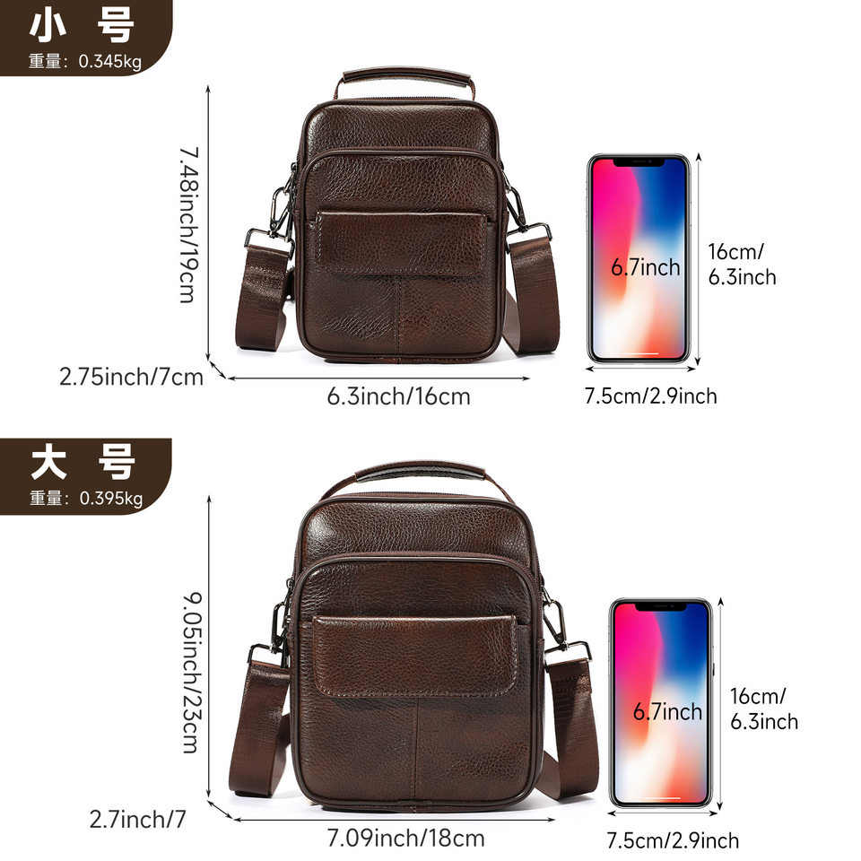 Túi đeo chéo nam da bò thật dáng đứng cao cấp, túi đeo vai phong cách casual dễ phối đồ — Cà phê cỡ nhỏ, Màu đen cỡ nhỏ, Cà phê cỡ lớn, Đen cỡ lớn