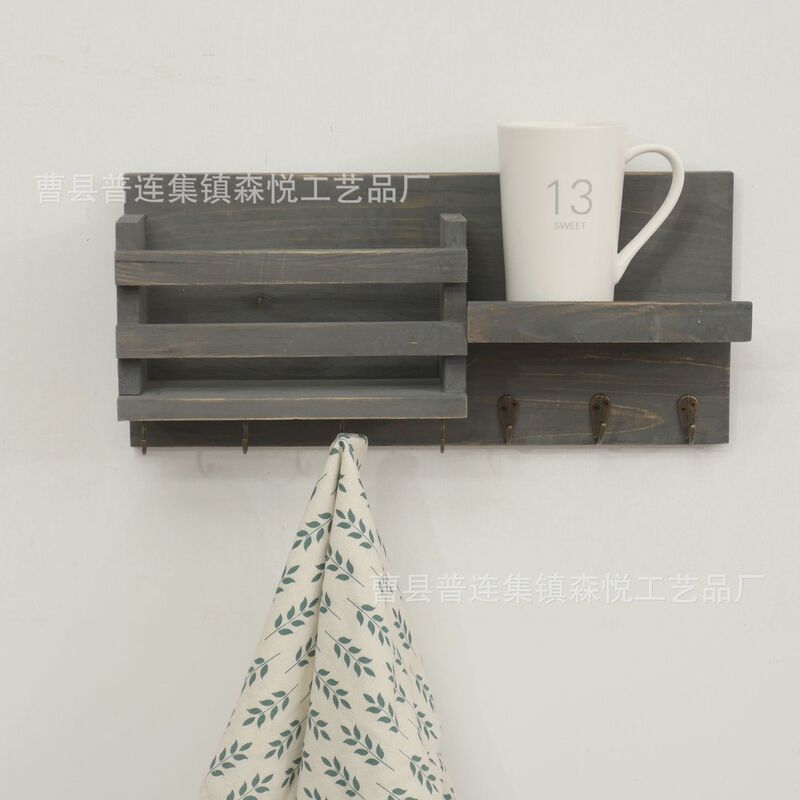 American-style retro wooden wall-mounted storage rack hallway door coat hat key hook rack bathroom storage rack