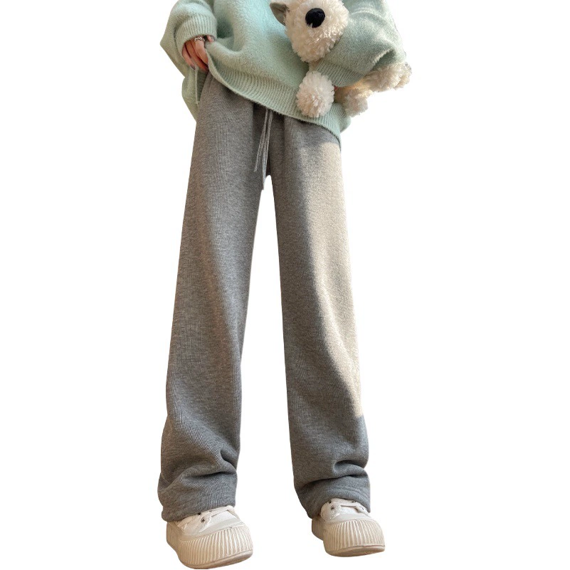 Кашемировые брюки из клейкого риса, женские зимние прямые брюки с высокой талией и шваброй, повседневные свободные ленивые узкие версии, широкие брюки на флисовой подкладке