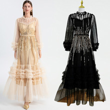 实拍精品重工刺绣亮片网纱拼接木耳边气质礼服连衣裙