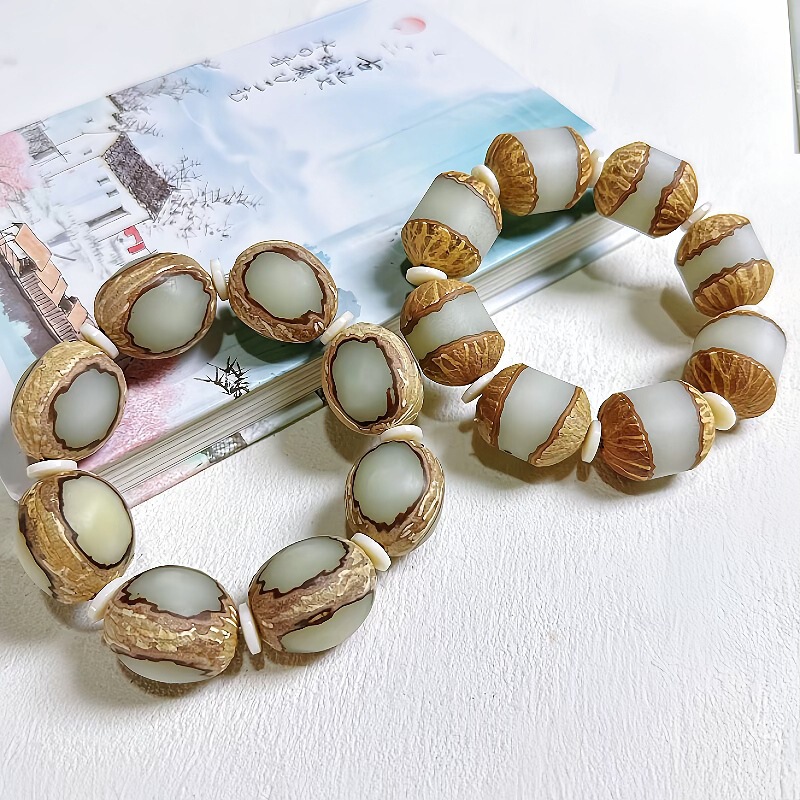 White Jade Bodhi Root Buddha Bead Bracelet Bodhi Bracelet Handheld Car Hanging Crafts Yin and Yang Three-sided Original Leather Bucket Bodhi