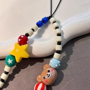 Little Red Riding Book with Handmade Beaded Mobile Phone Chain Cute Bear Children's Fun Wrist Short ccd camera chain hanging ornaments for women