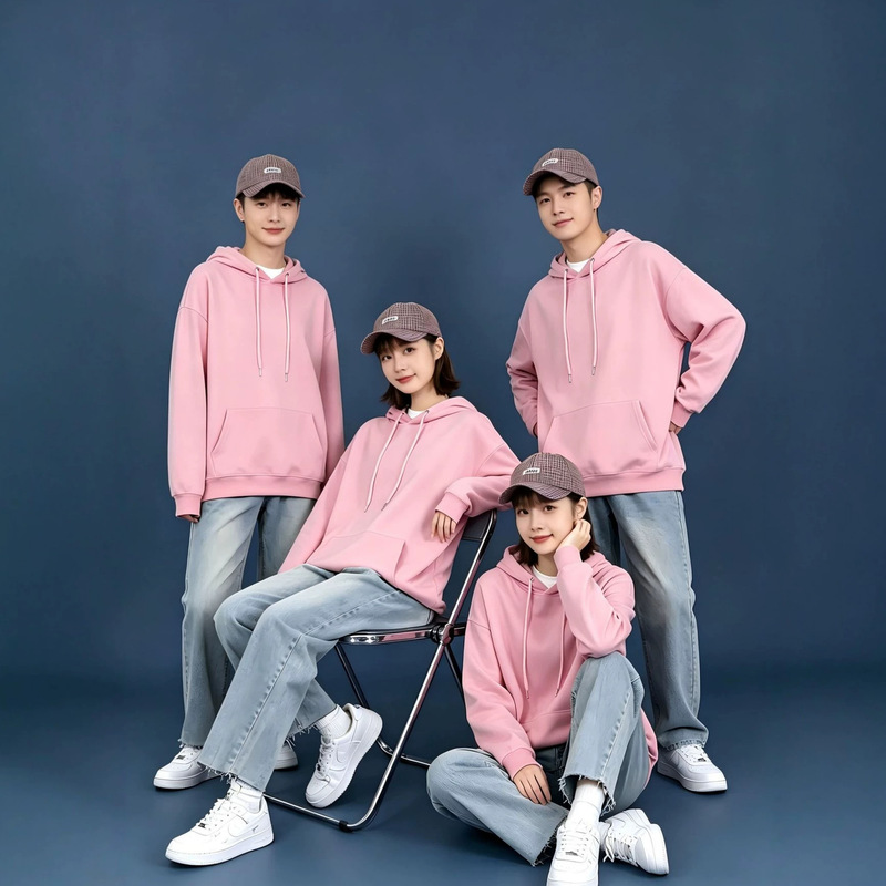 Autumn Hooded Sweatshirt with Dropped Shoulders, Loose Fit, Group Jacket, Class Uniform with Logo, Unisex, Multiple Solid Colors