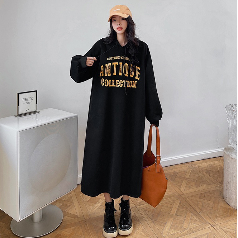 2025 New Winter Velvet Casual Loose Long Sweatshirt Long Skirt Slit Hooded Dress Double Hooded Sweatshirt