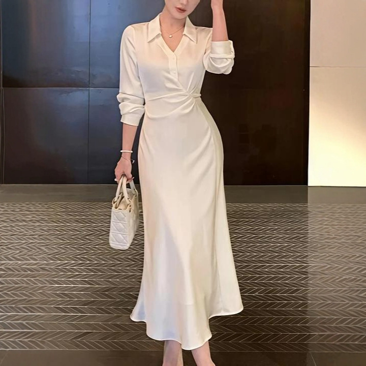 Fishtail Shirt Dress for Women Spring, Autumn and Winter 2025 New Style Gentle and Elegant Drapey Long Skirt Bottoming French Style