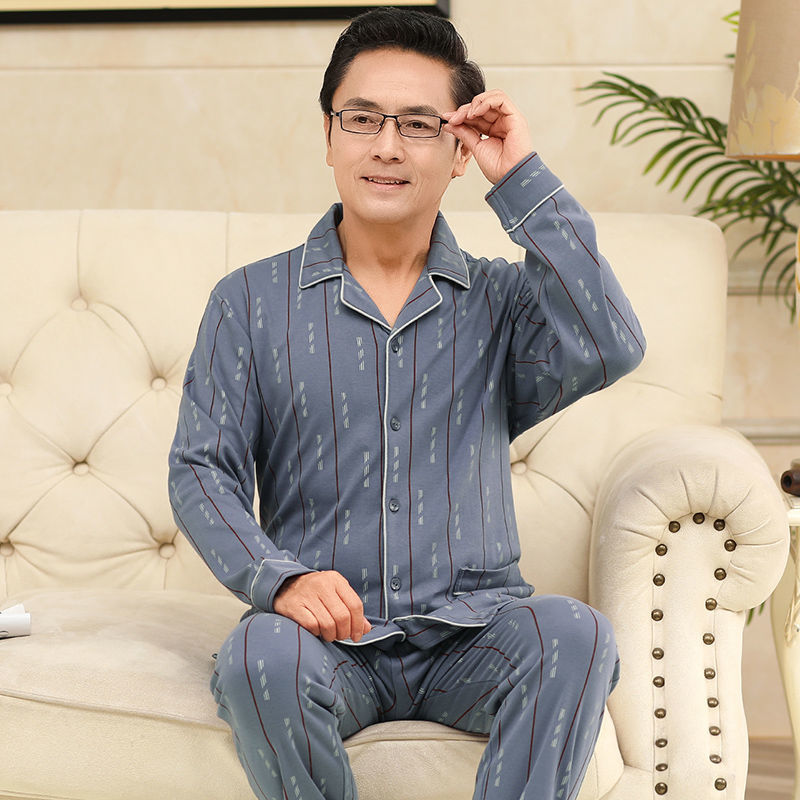 Pijamas de mediana edad y ancianos para hombres de primavera y verano 100% algodón de manga larga más tamaño cardigan Delgado traje de homewear