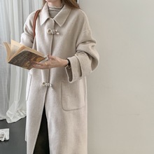 女装双面呢大衣娃娃领加长毛呢外套单排扣时尚羊毛绒大衣一件代发