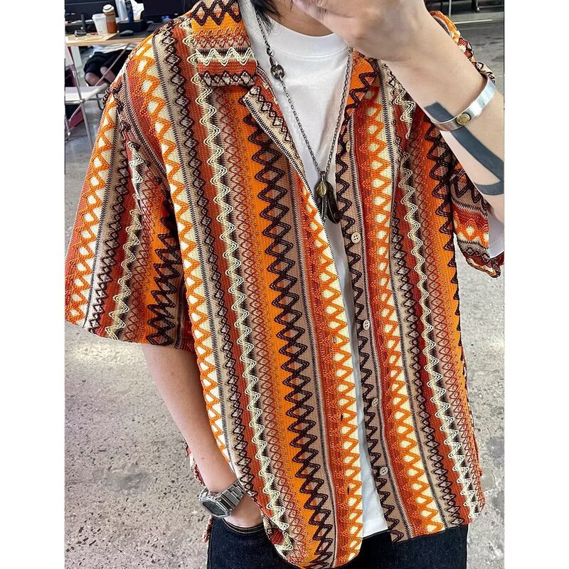 Ethnic Style Woven Cuban Collar Half-Sleeved Shirt for Men and Women Retro Summer Contrasting Color Trendy Brand Design Short-Sleeved Shirt