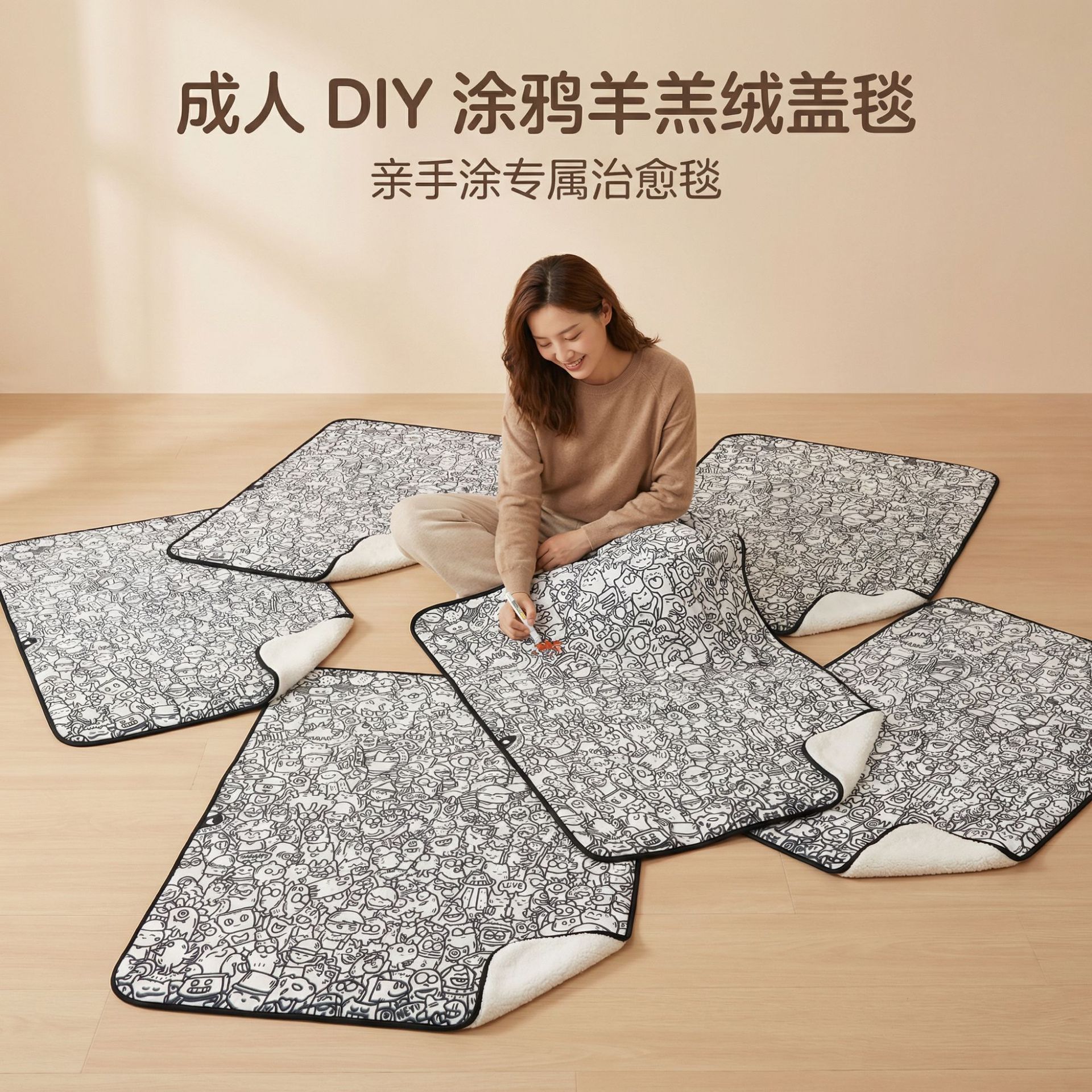 成人DIY涂鸦毛毯手工涂色解压盖毯创意艺术创作沙发毯卧室午睡毯