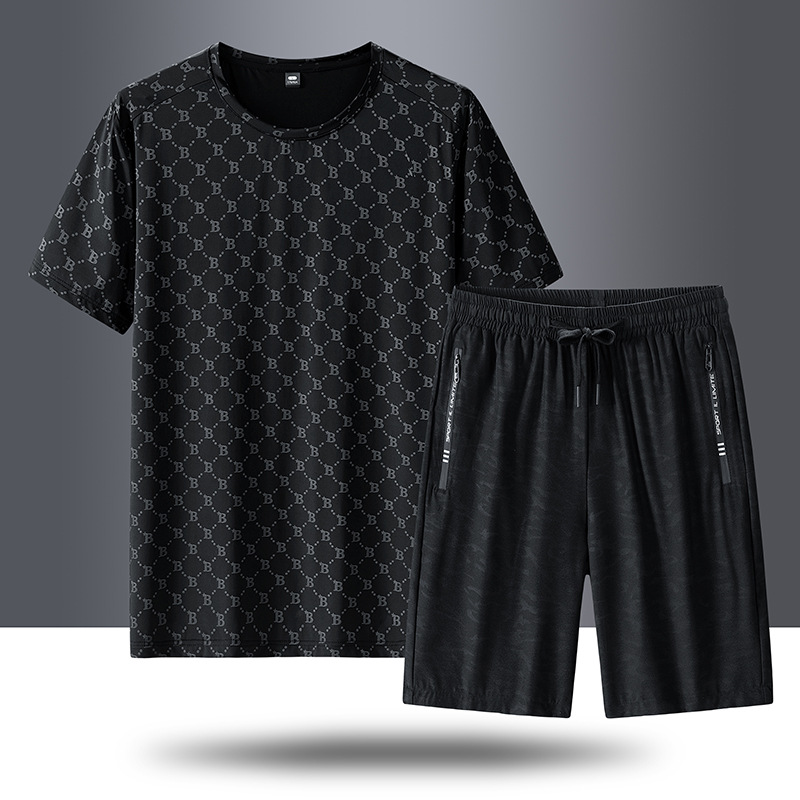 Casual de verano traje deportivo hombre hielo rápido secado mangas cortas camiseta pantalones cortos dos piezas juego de pantalones cortos deportivos fábrica al por mayor