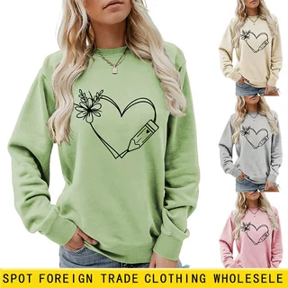 亚马逊独立站秋冬趣味印花心形 花 铅笔女士卫衣休闲百搭舒适大码