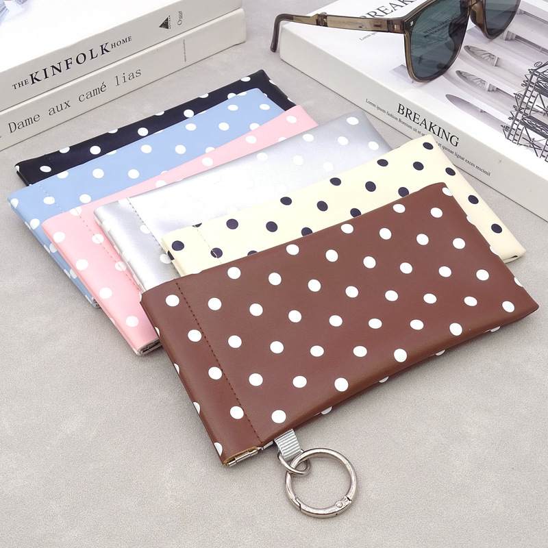 Polka Dot Leather Glasses Pouch with Hanging Ring, Glasses Storage Bag with Included Lens Cloth, Portable Glasses Pouch with Automatic Closure