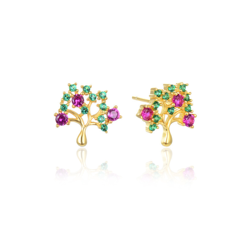 S925 plata esterlina color diamante color árbol pendientes de aretes de lujo ligero retrógrado francés femenino oro nicho de diseño sensación de joyas de orejas