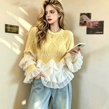 New cross-border foreign trade European and American women's fashion elegant round-neck solid color spliced three-layer chiffon sweater knit top