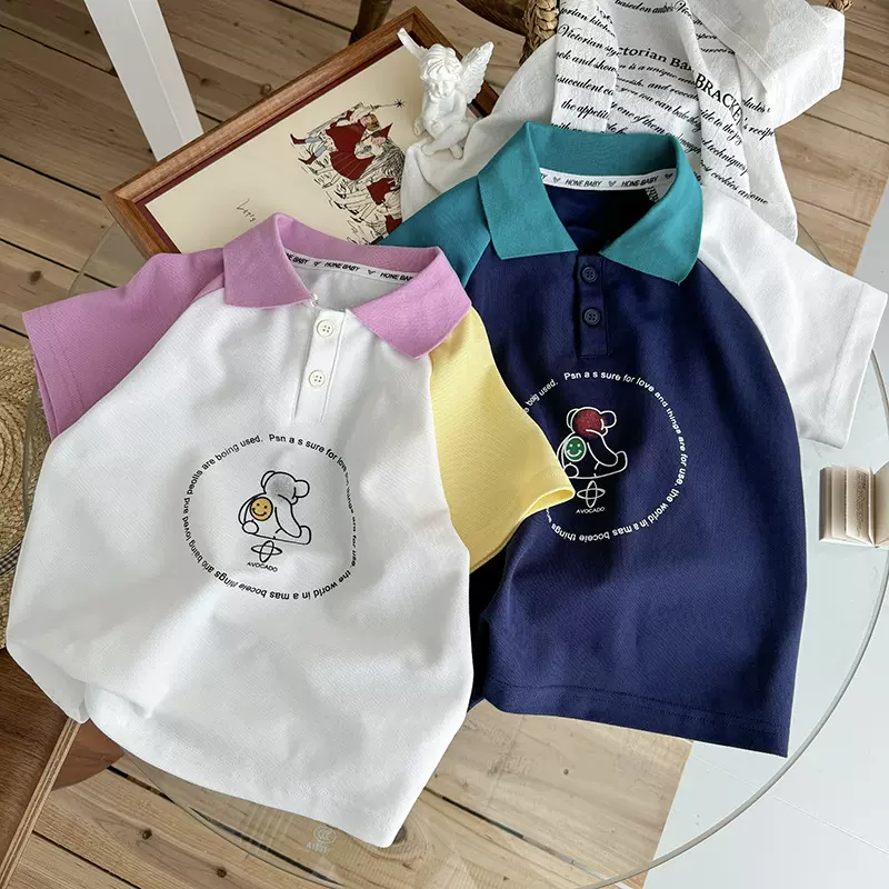 夏季儿童薄款男女宝休闲撞色T恤卡通小熊字母翻领插肩袖上衣polo