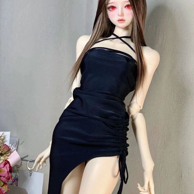 【Bjd Doll Clothes】4/6 Scale Black Halter Neck Strap Dress Pure Desire Hot Girl Drawstring Sexy Slim Fit Bodycon Dress