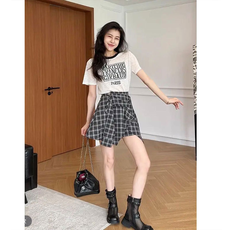 【スノーフレークコットン+純綿織りチェック】ツーピーススーツ アメリカンレトロイレギュラースカート 半袖Tシャツトップス|undefined