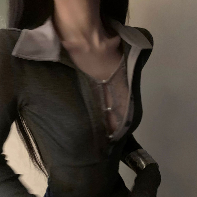 021Ope Design Lace Splicing Top Slimming Look Waist Knitted Knitwear Fake Two-Piece Long-Sleeved Women's High-Sense