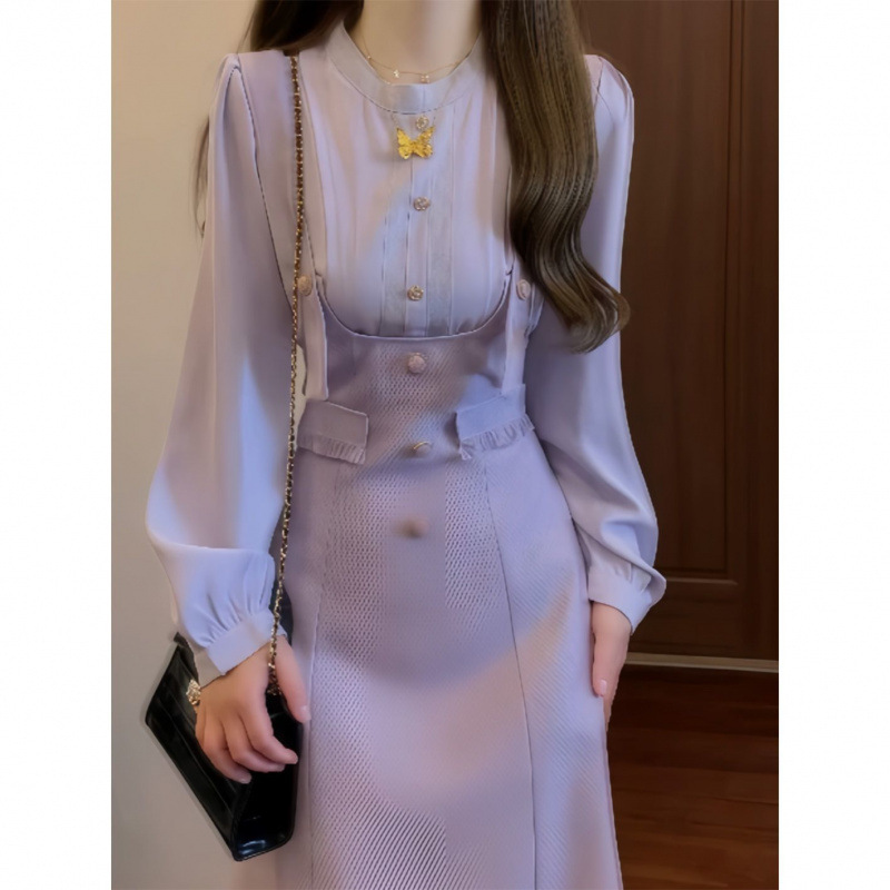 法式温柔风两件套紫色背带连衣裙女高级感气质修身显瘦小个子长裙|undefined