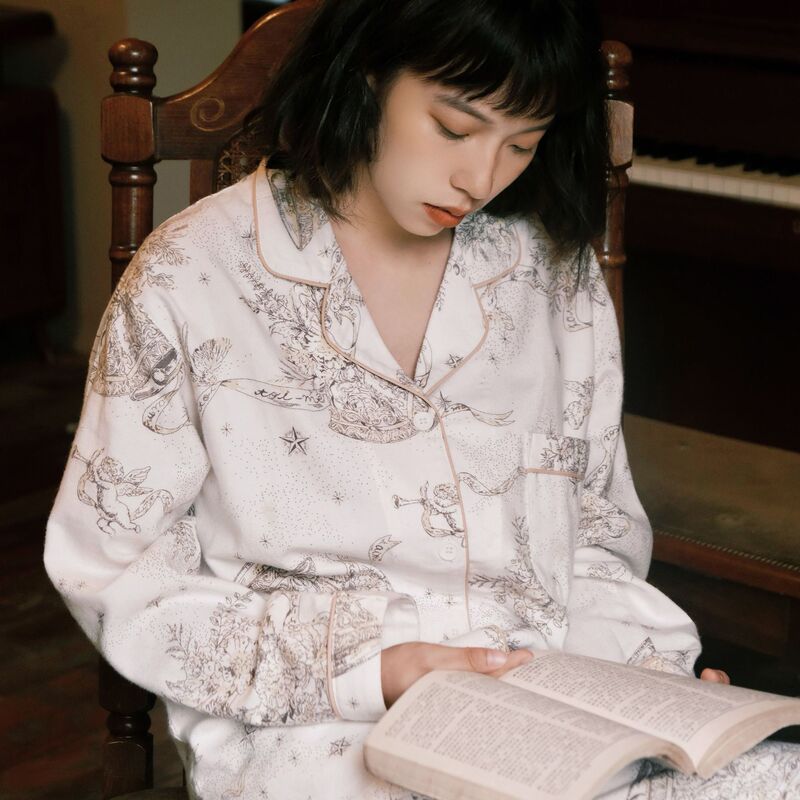 Pure Cotton French pajamas autumn women's cotton brushed flannel combed cotton loose long sleeve spring and autumn home wear suit