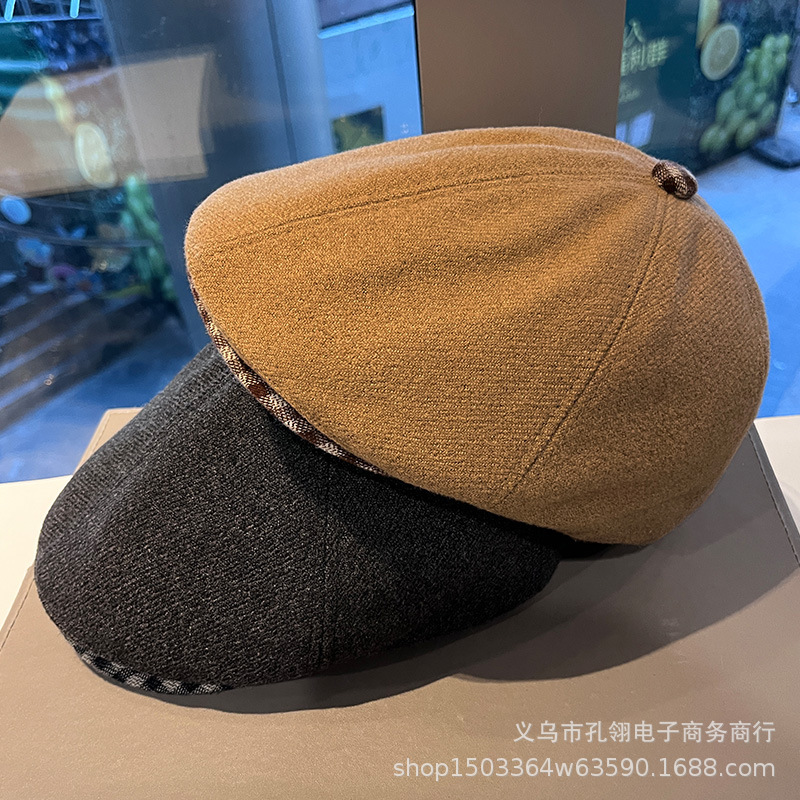2025新款复古文艺格纹反戴前进帽子女冬季英伦风百搭毛呢贝雷帽潮|undefined