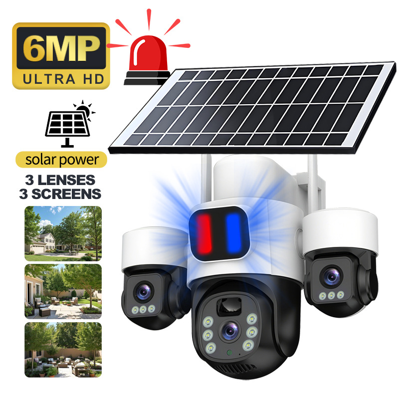 Transfronterizos dedicados a tres imágenes tres lentes alarma rotatoria sin ángulo muerto cámara de monitoreo solar impermeable al aire libre image 3