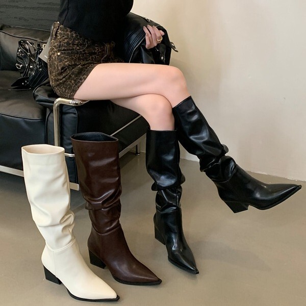 188-5 Long Boots Women's Long Barrel High Barrel Thick Bottom 2024 British Style Joker Soft Leather Pointed Thick Heel New Knight Boots