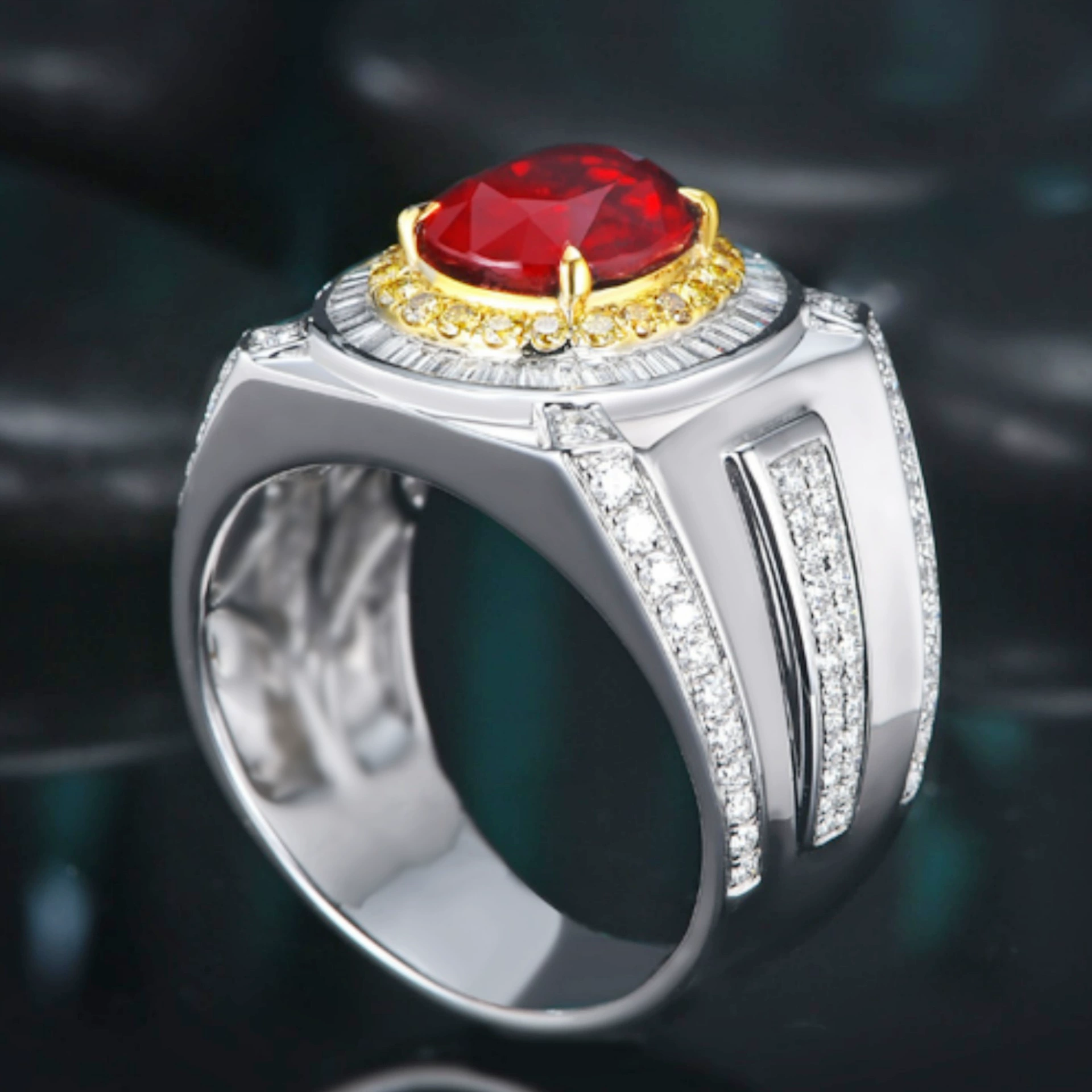 Двухцветное кольцо с камнем Ruby, европейский стиль, инкрустированный кристаллами
