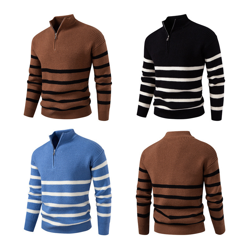 Autumn and Winter New Men's Sweater Cross-Border Large Size Loose Zipper Half Turtleneck Contrast Striped Pullover Sweater for Men