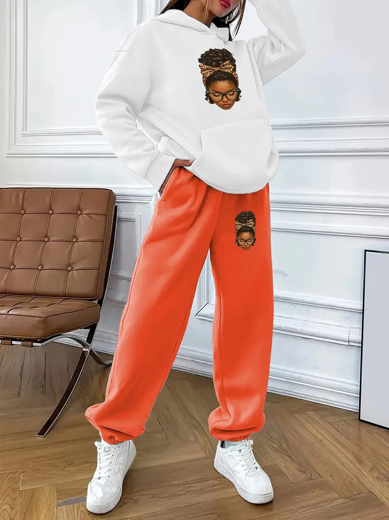 Ensemble sweat à capuche et jogging unisexe à imprimé géométrique pour femme - Pull décontracté tendance avec pantalon assorti (blanc/marron, blanc/vert)_voghion.com