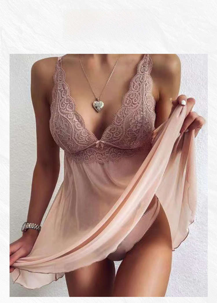 Crisp sexy lingerie foreign trade European and American export sling women's sexy lace perspective elegant sexy pajamas suit_desvips.com