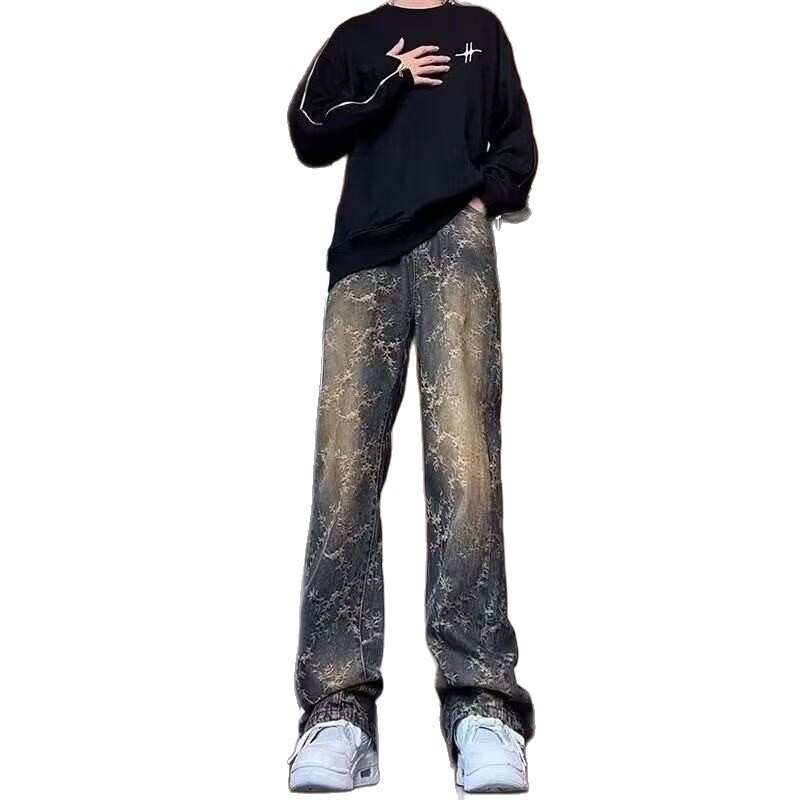 美式高街水洗做旧裤子vibe提花牛仔裤男高腰提档显腿长弯刀微喇裤|undefined