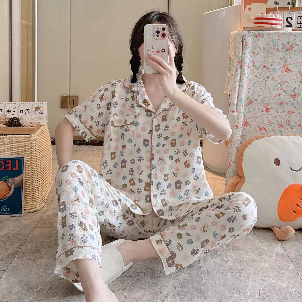Pajamas de espuma tejidos de verano de algodón pantalones largos de mangas cortas ropa para el hogar de verano delgada de algodón conjunto de dos piezas