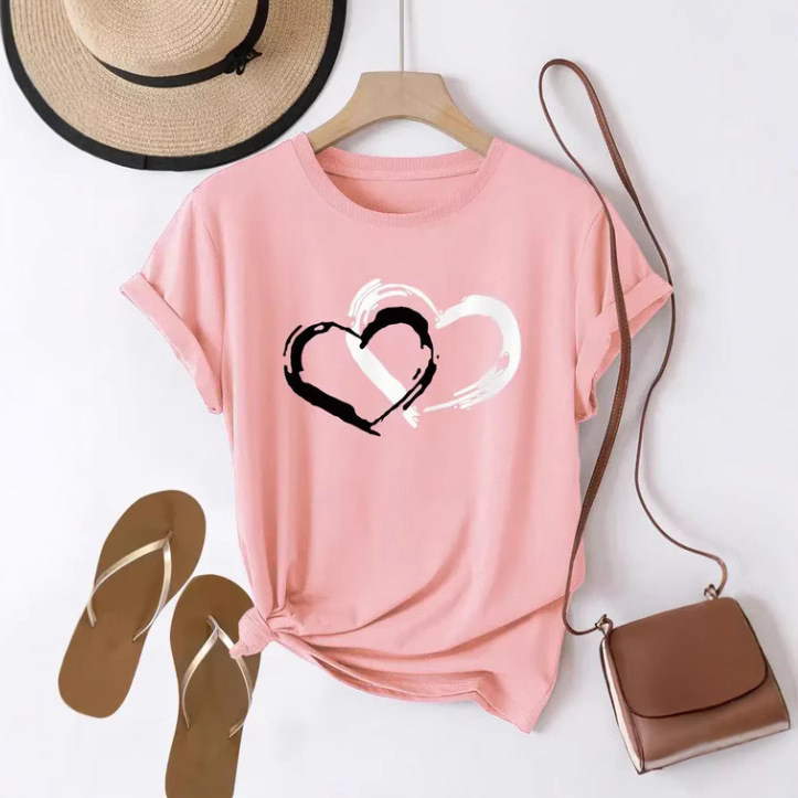 2025 Cross-Border Women's Clothing Cotton 200g Short-Sleeve Amazon Aliexpress Shopee European and American Valentine's Day Heart Round Neck Women's Top 2025 Cross-Border Women's Clothing Cotton 200g Short-Sleeve Amazon Aliexpress Shopee European and American Valentine's Day Heart Round Neck Women's Top